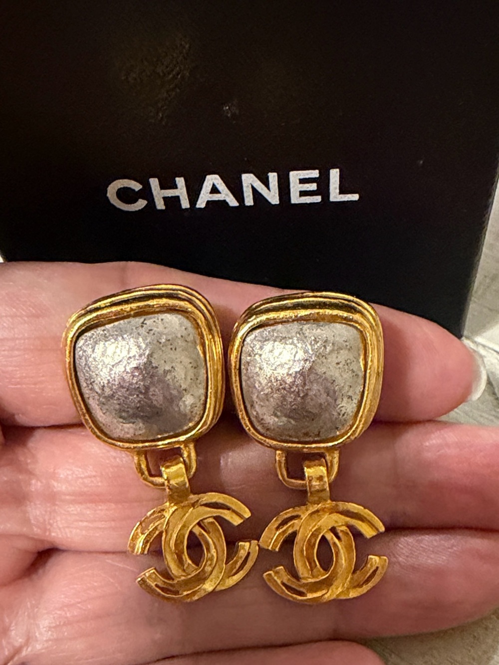 CHANEL Gold and Silver-Tone Double C Drop Earrings